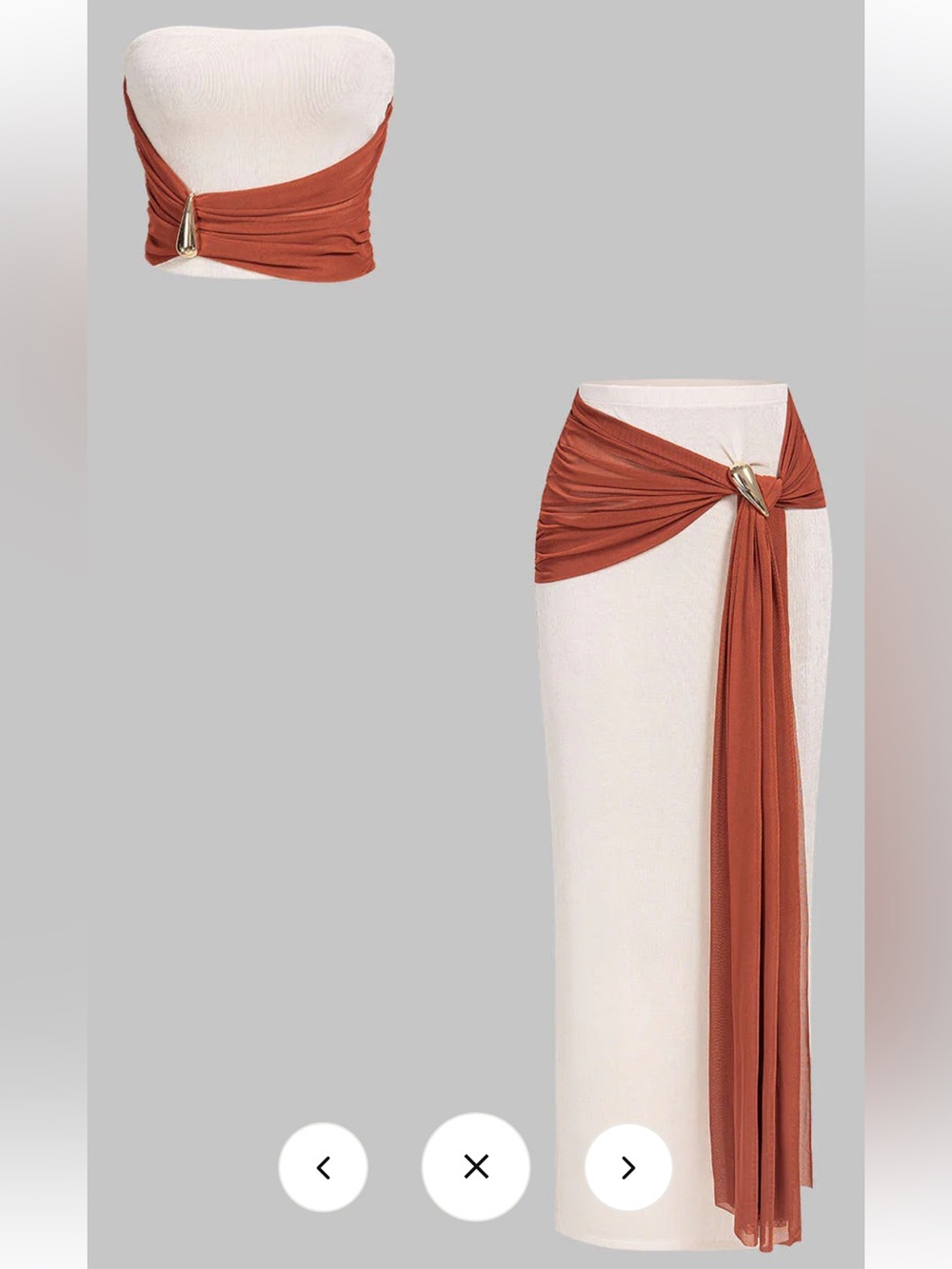 Micas Mesh Metallic Asymmetrical Ruched
Tube Top And Knotted Skirt Set